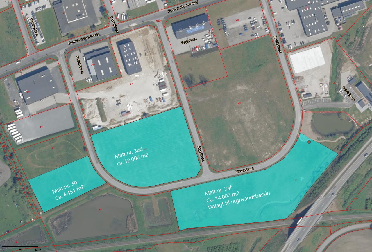 Kort fra webgis med markering af ledige grunde i Øverup Erhverv II juni 2025