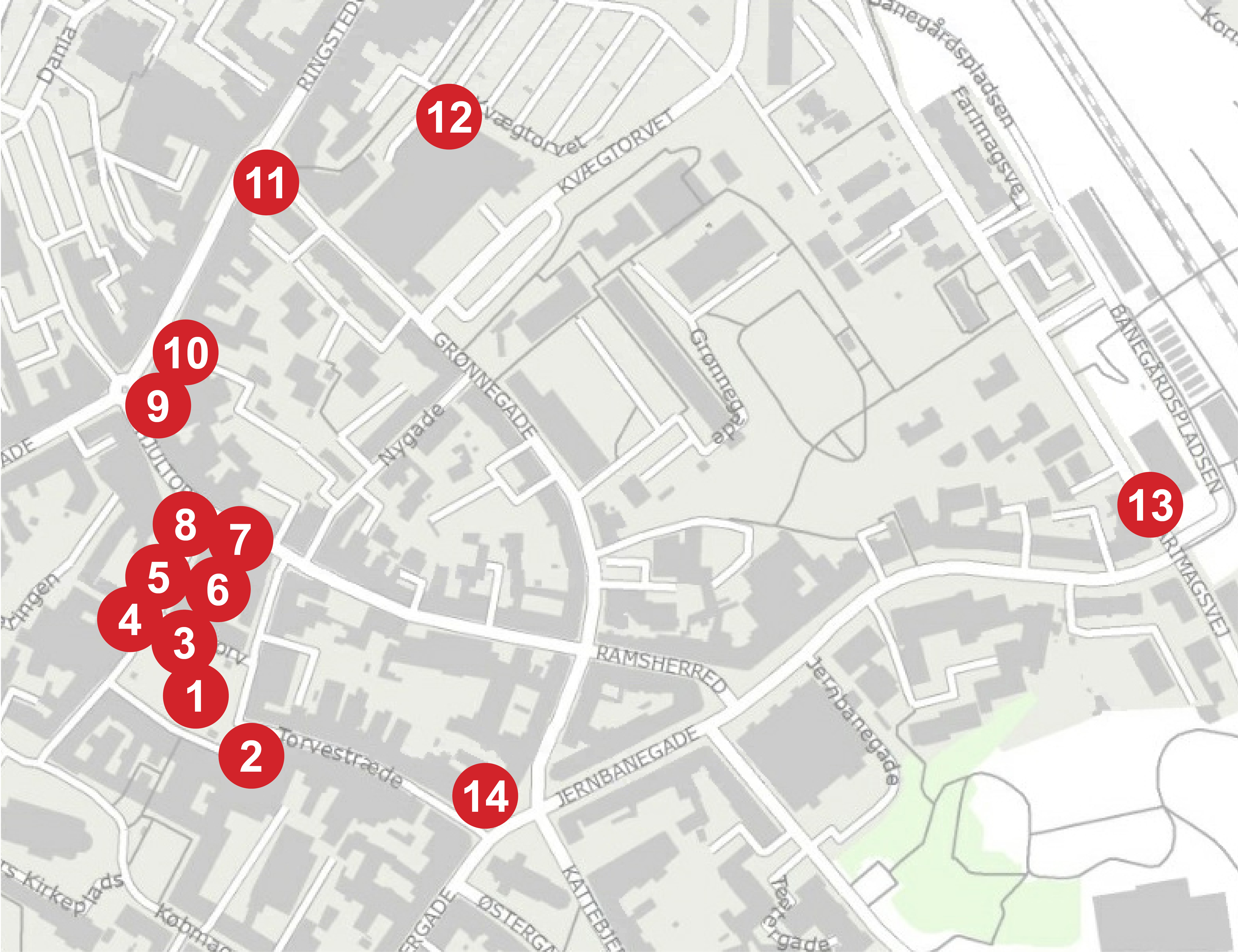Kort over Friestadepladser, der er 14 i alt