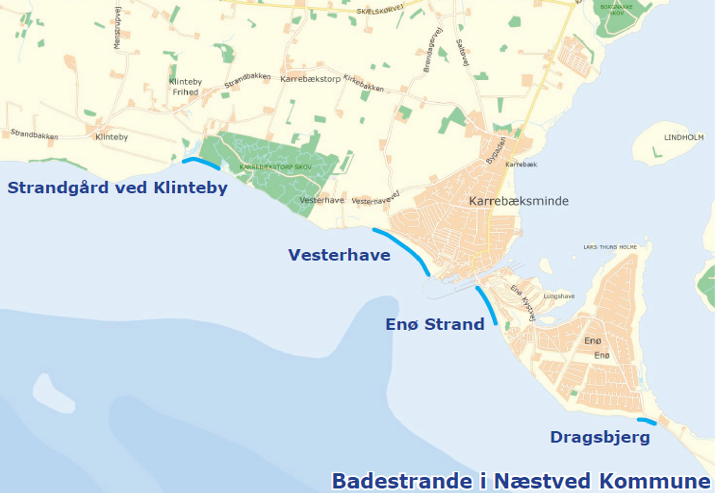 Kort over Badestrande i Næstved