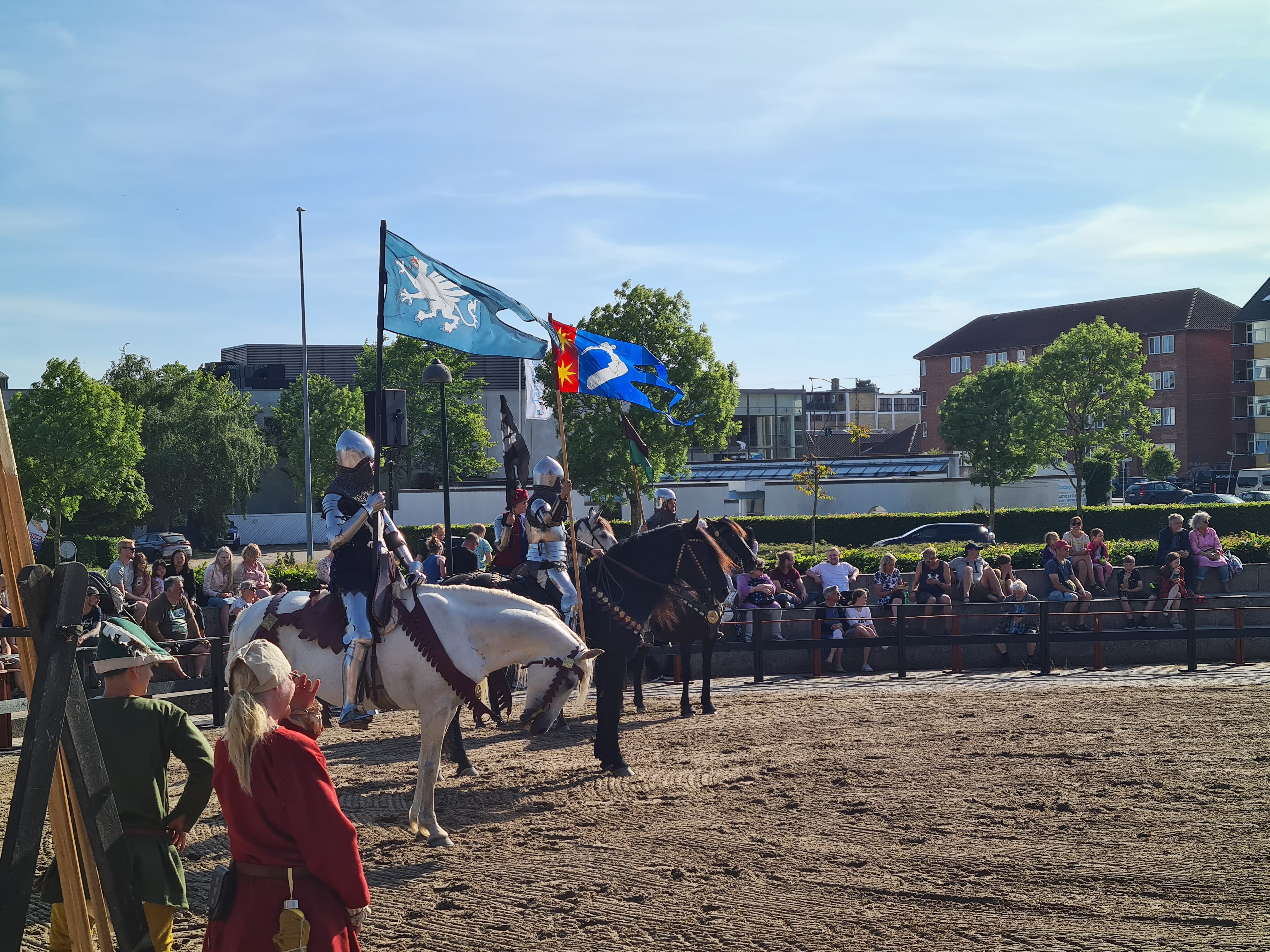 Ridder til hest med flag. Publikum rundt om. 