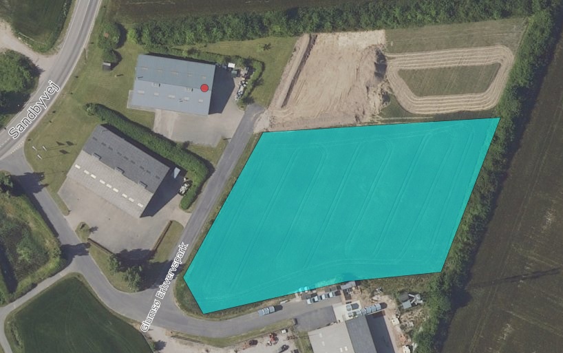 Kort fra webgis over glumsø erhvervspark med markering af ledigt erhvervsareal
