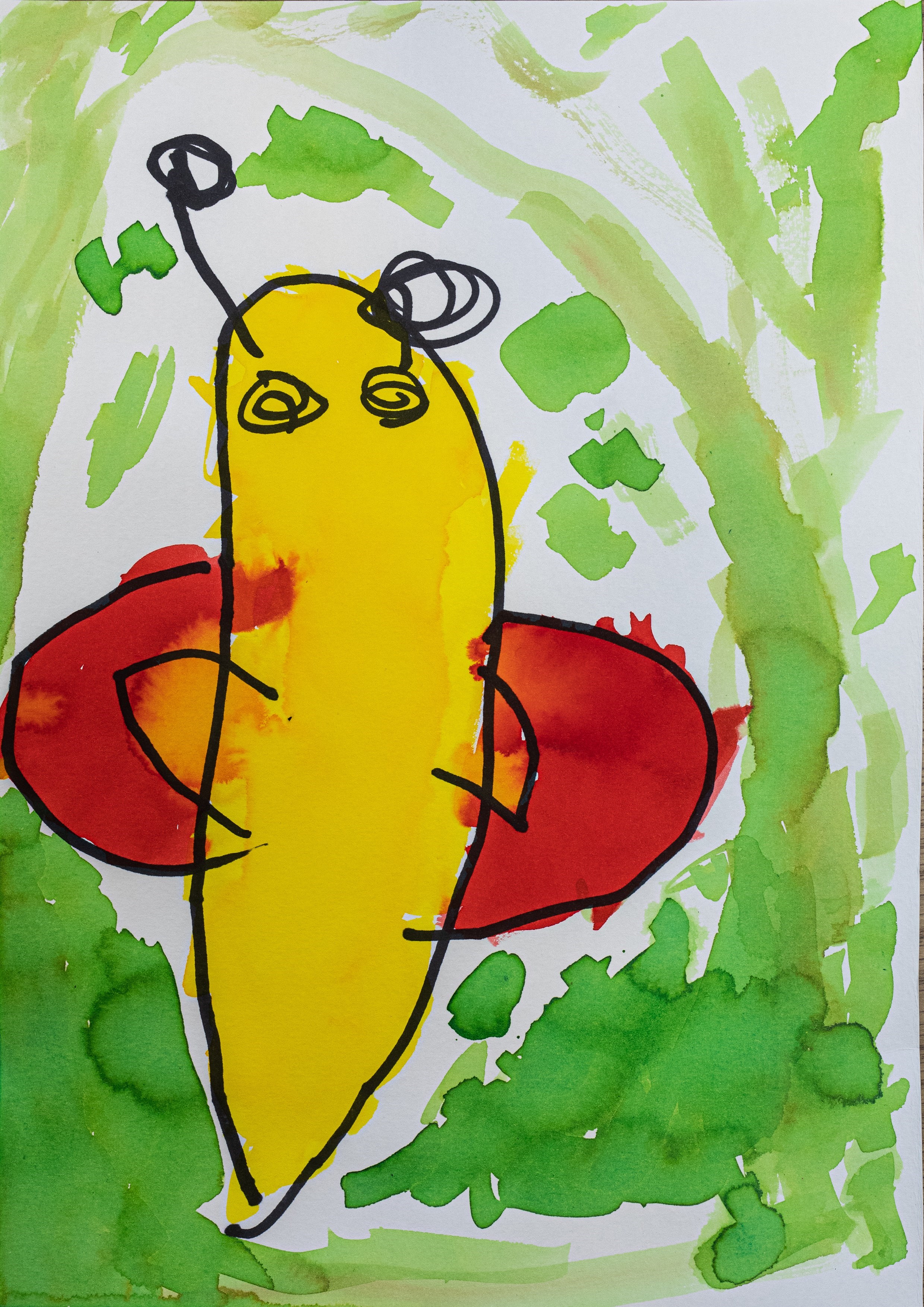 Børnetegning fra Alfehuset i Næstved Kommune. Tegningen er en gul sommerfugl med røde vinger, baggrunden er Grøn.