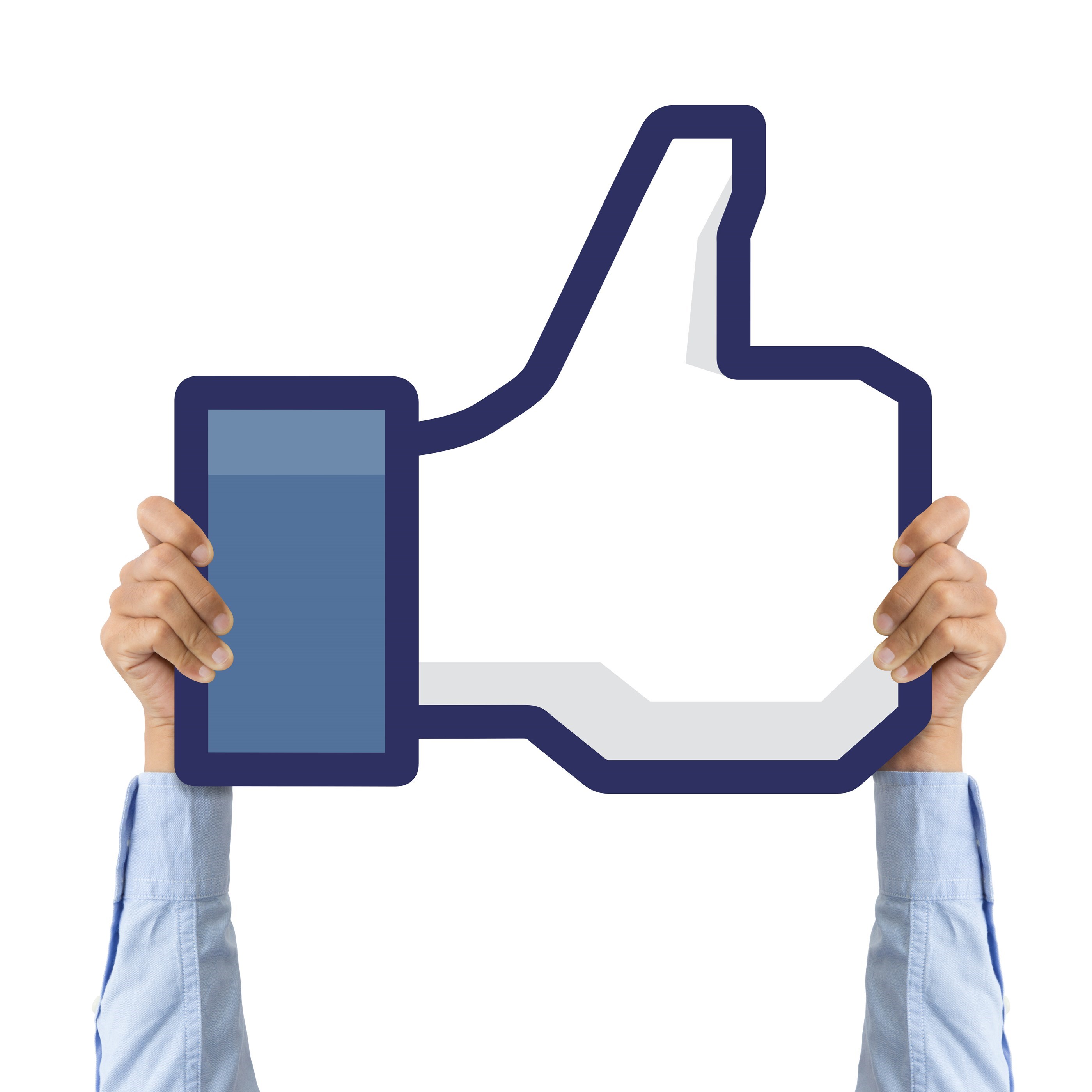 Strakte arme, der holder et like-symbol fra Facebook