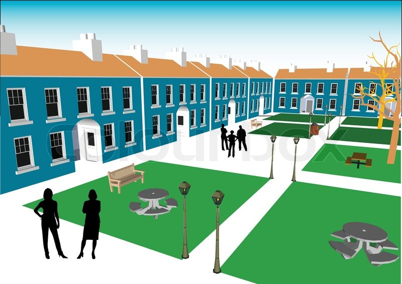 Tegning af boligblok med grønt areal i midten og nogle mennesker der står og taler sammen