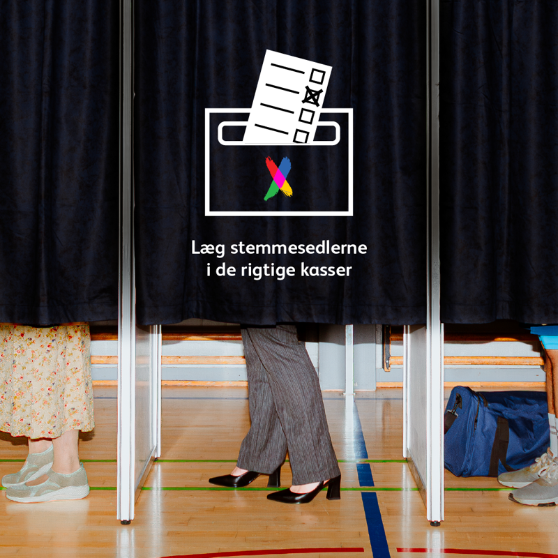 Billedgrafik der forklarer, at du skal lægge stemmesedlerne i de rigtige kasser