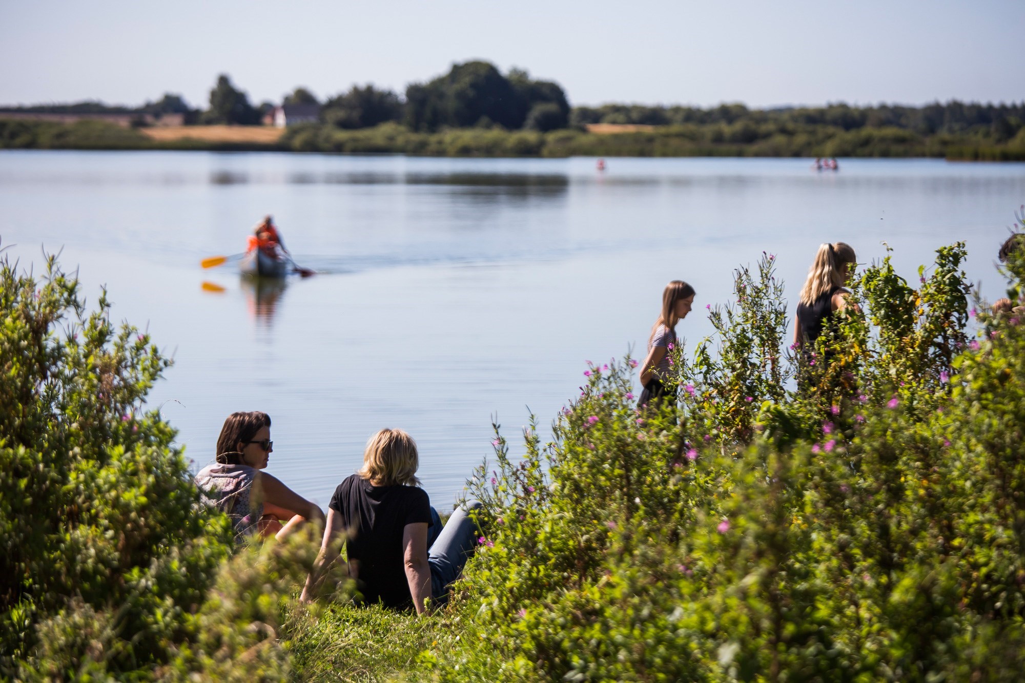 Mennesker sidder ved vandkanten imens en kajaksejler padler i vandet ved Tystrup sø
