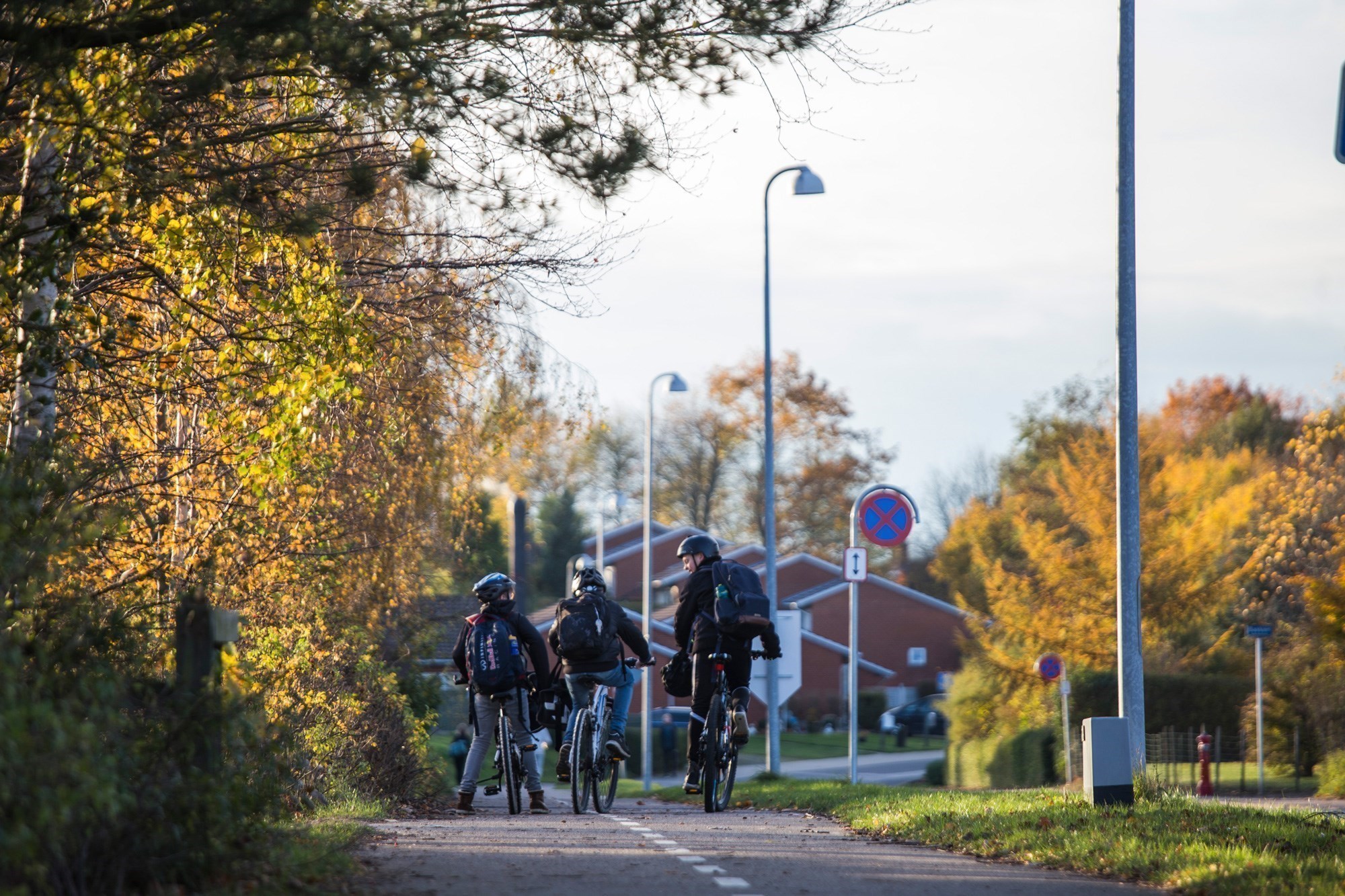 Tre børn cykler sammen på cykelstien i Mogenstrup
